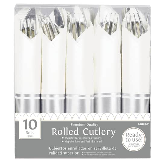 Silver Premium Rolled Plastic Cutlery Set, 2ct.